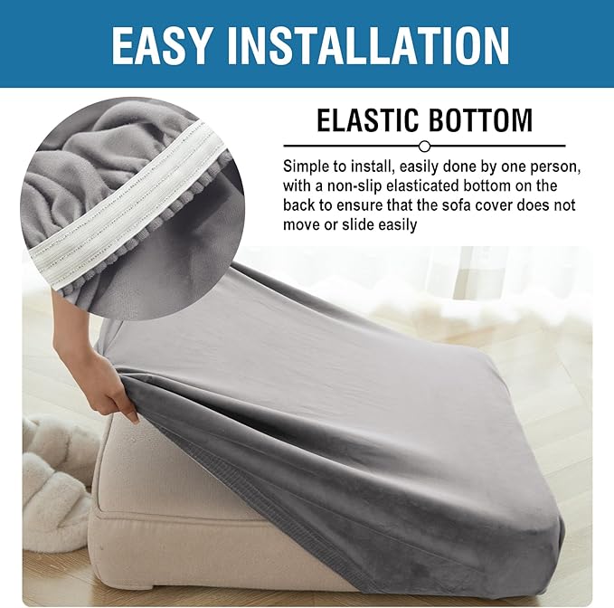Couch Cover 8-Piece Elastic Velvet Couch Cushion Covers & Chaise Slipcovers for L-Shaped Sofas - Sofa Seat Covers Washable, Soft Protector for Couches (7 Seater + Chaise, Grey)