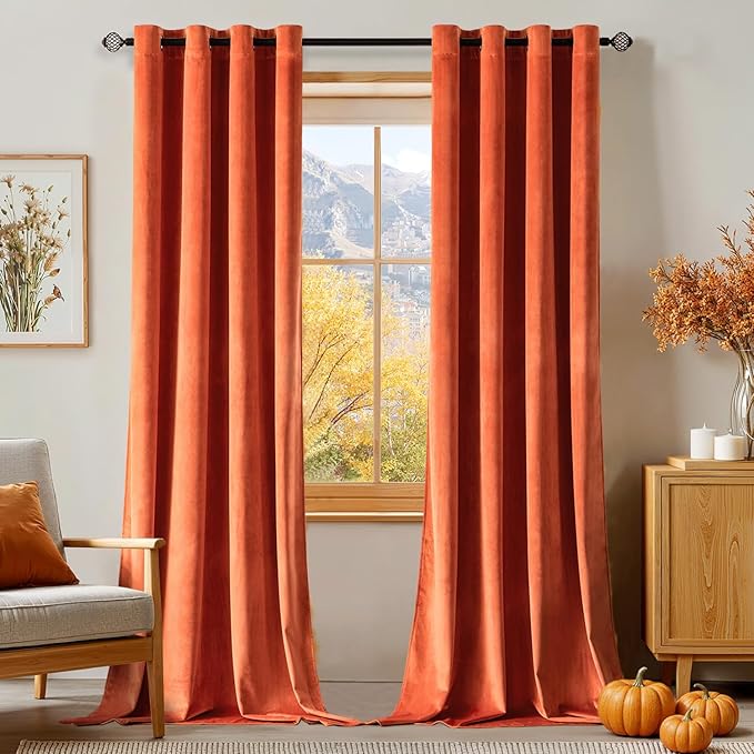MIULEE Orange Velvet Curtains Fall Thermal Insulated Soundproof Room Darkening Blackout Curtains, Grommet Black Out Window Drapes for Home Theatre/Girls Room/Wedding 52 x 108 Inch Set of 2