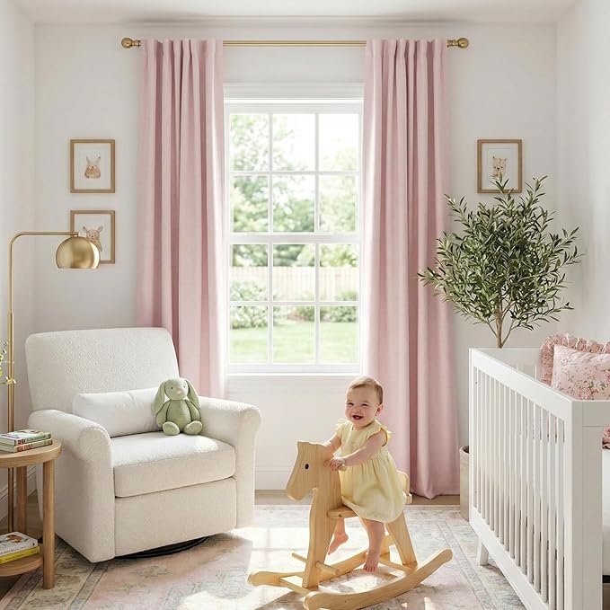 100% Blackout Shield Soft Pink Linen Blackout Curtains for Bedroom 90 Inches Long, Back Tab/Rod Pocket Living Room Drapes, Thermal Insulated Blackout Curtains 2 Panels Set, 50" W x 90" L