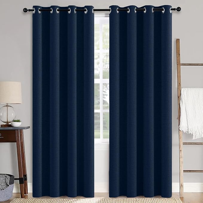 MIULEE 100% Blackout Linen Textured Curtains for Bedroom Solid Thermal Insulated Midnight Blue Grommet Room Darkening Curtains & Drapes Luxury Decor for Living Room Nursery 52 x 96 Inch (2 Panels)