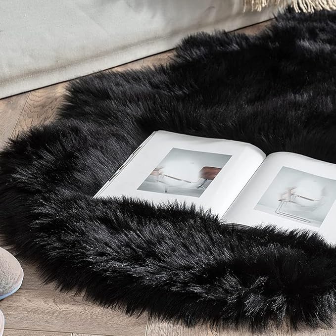 ORINOVA Black Shag Faux Fur 4x6 Area Rugs for Bedroom Washable Fuzzy Sheepskin Fur Rug for Living Room Nursery Rug