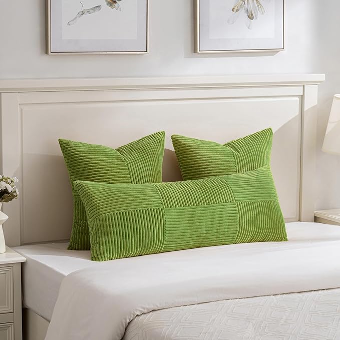 Fancy Homi Set of 2 Lime Green Decorative Throw Pillow Covers 16x16 Inch for Living Room Couch Bed, Modern Farmhouse Boho Home Decor, Soft Striped Corduroy Textured Square Cushion Case 40x40 cm