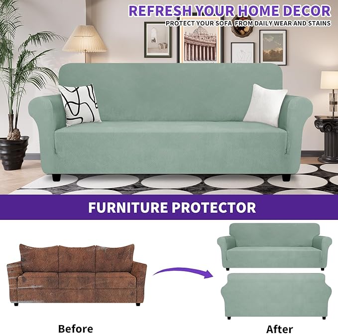 ZNSAYOTX Super Stretch Couch Cover (72"-92"), New Striped Sofa Covers Fitted Slipcovers with Elastic Bottom, Dog Cat Pets Proof Spandex Fabric Comfortable & Durable (Pea Green, Sofa)