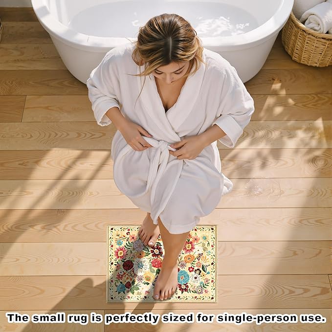 Area rugs 24x17 Inch Home Decor Entry Rug, Small Door Mat Bath Mats for Bathroom, Ultra-Thin Non Slip Floral Low Pile Tub Mat for Sink Shower Doorway Tub Kitchen Sink(2 x 1.4 ft, Yellow Garden)