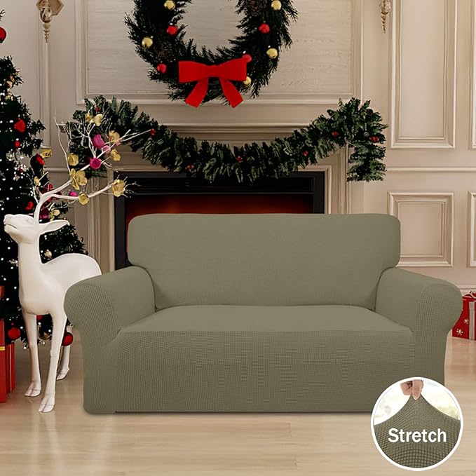 Easy-Going Stretch Loveseat Slipcover 1-Piece Sofa Cover Furniture Protector Couch Soft with Elastic Bottom for Kids Polyester Spandex Jacquard Fabric Small Checks (Loveseat, Khaki)