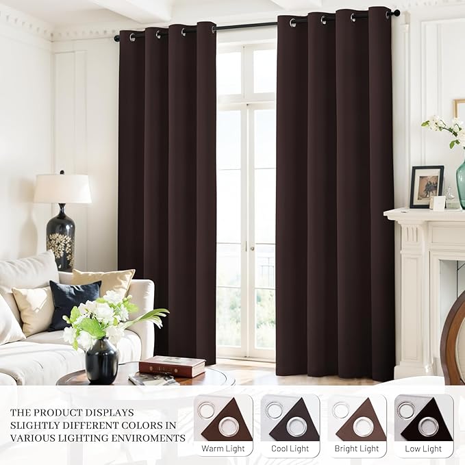 Yakamok Room Darkening 100% Blackout Curtains Grommet Window Treatments with 2 Thick Layers-Brown Thermal Insulated Drapes Set of 2 Panels for Bedroom Living Room 52 Inches by 84 Inches Length