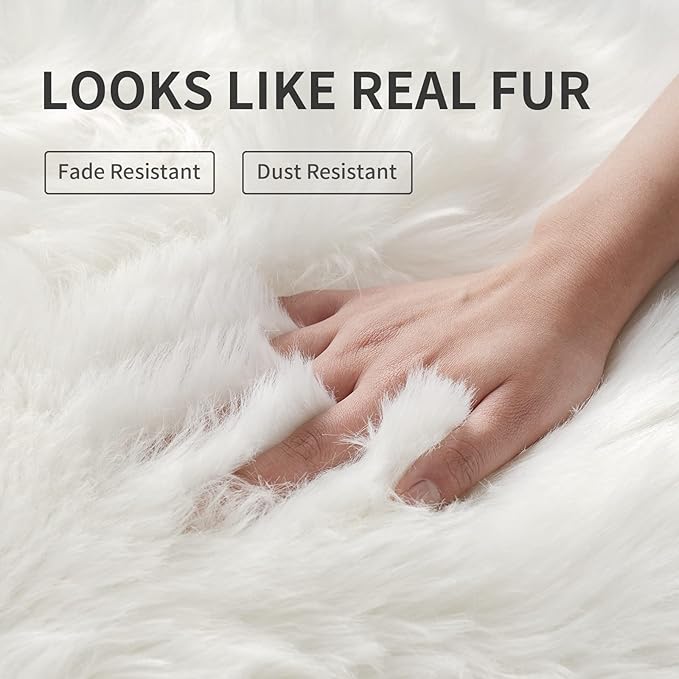 Faux Fur Rug Sofa Chairs Cover, White Small Rug for Bedroom, 2X3 Shaggy Furry Rugs for Kids Room, Shag Fluffy Rugs for Nursery Room, Soft Fuzzy Plush Carpet, Cute Floor Dorm Decor