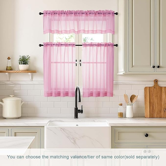 Light Pink Sheer Curtains Tier 30 Inches Length 2 Panels, Light Filtering Lightweight Soft Window Treatments Drapes, Cute Elegant Cafe Curtains for Nursery, Dual Rod Pocket, 2x42Wx30L Inches