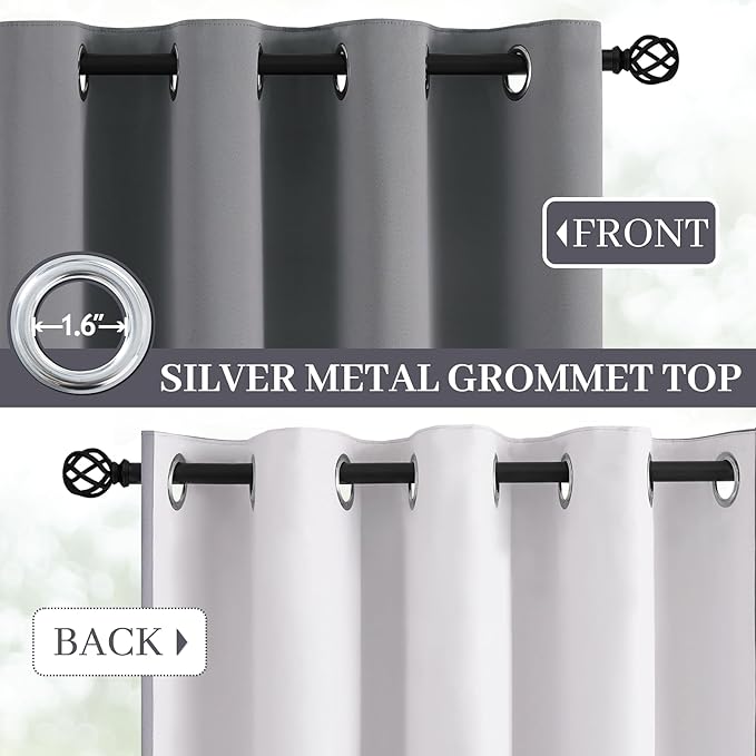 Yakamok Grey Room Darkening 100% Blackout Curtains Grommet Window Treatments with 2 Thick Layers-Gray Thermal Insulated Drapes Set of 2 Panels for Bedroom Living Room 52 Inches by 63 Inches Length