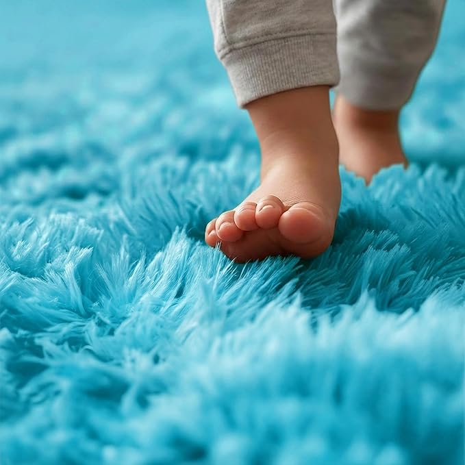 Amdrebio Blue Round Rug 5Ft for Bedroom, Fluffy Circle Area Rugs for Kids Room Baby Nursery Playroom, Living Room Decor Aesthetic, Plush Shaggy Fuzzy Turquoise Carpet for Apartment Preppy Classroom
