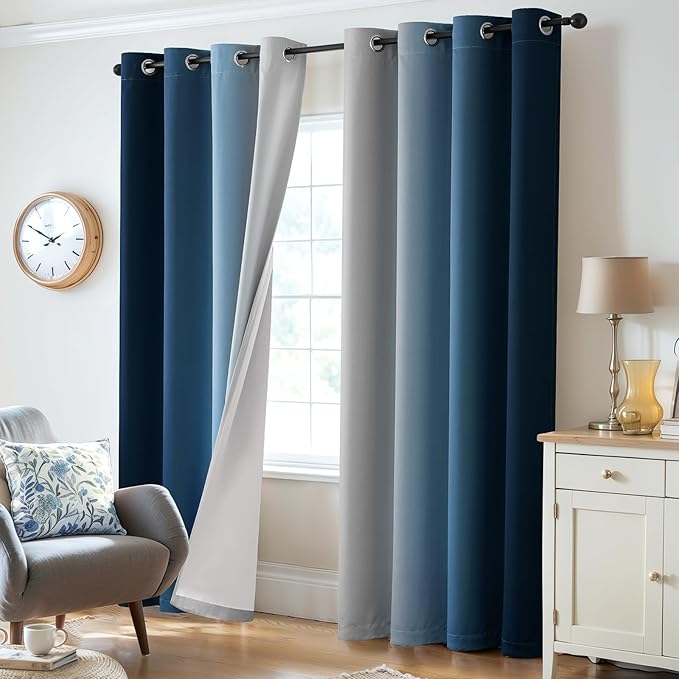 Yakamok 100% Blackout Curtains 63 Inch Length 2 Layers,Blue Curtains for Bedroom Ombre Room Darkening Grommet Gradient Drapes,Light Blocking Thermal Insulated Window Curtains for Living Room