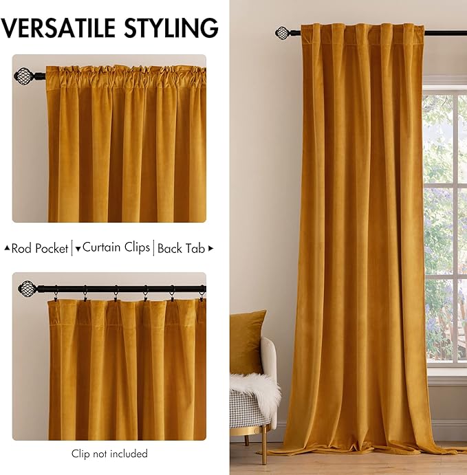 MIULEE Velvet Curtains 2 Panels Luxury Blackout Curtains for Bedroom Living Room Thermal Insulated Fall Decor Super Soft Window Drapes Rod Pocket & Back Tab, Mustard Yellow, 52 x 72 Inch