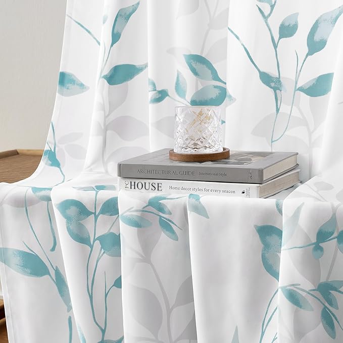 HOMEIDEAS Non-See-Through Teal and White Privacy Sheer Curtains 52 X 96 Inch Length 2 Panels, Leaf Floral Printed Light Filtering Semi Sheer Window Curtains Drapes for Bedroom Living Room