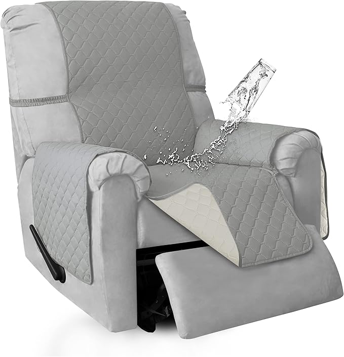 ISSUNTEX Double Protection 100% Waterproof Recliner Covers for Living Room, Reversible Furniture Protector Recliner Couch Sofa Slipcover for Dogs, Pets, Kids (Recliner, Light Gray/Ivory)