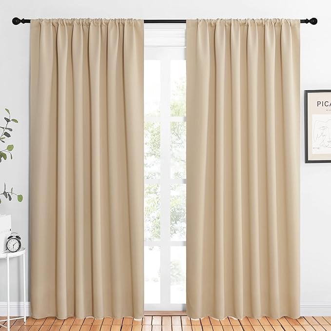 NICETOWN Room Darkening Curtains for Bedroom - Triple Weave Home Decoration Thermal Insulated Solid Drapes for Patio Door (Biscotti Beige, Set of 2 Panels, 62 x 84 Inch)