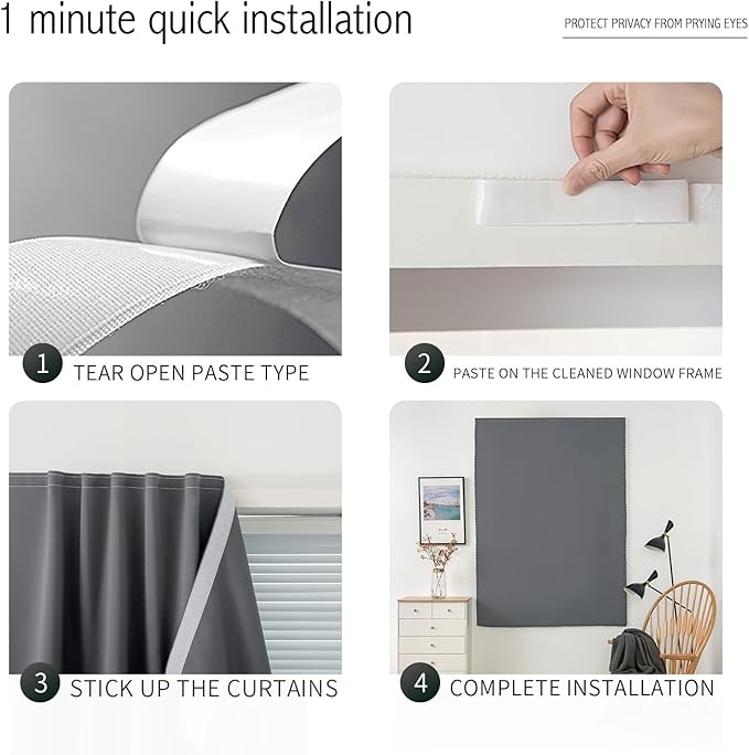 Magic Tape Stick On Curtains Window Shades Pull Down Blackout Window Cover Blackout Curtains for Bedroom No Drillng Self Adhesive Curtains No Rod Small Curtain, 35" W X 79" L, Grey, 1 Panel