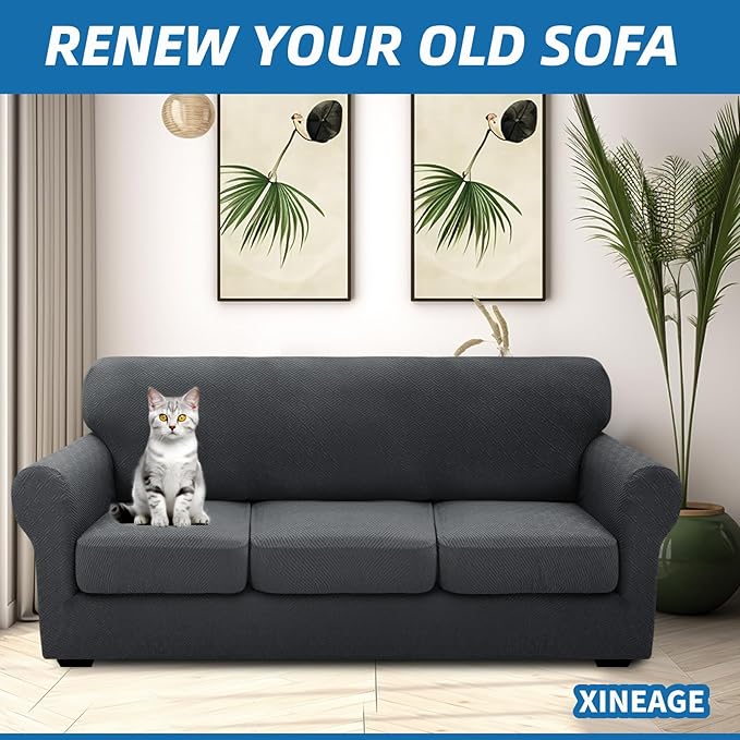 XINEAGE 2026 New 4 Pieces Extra Large Couch Covers for 3 Cushion Sofa Super Stretch Sofa Cover for 3 Large Seat Cushion Universal Slip Cover for Living Room (Dark Gray), 91"-110"(3 Cushions)