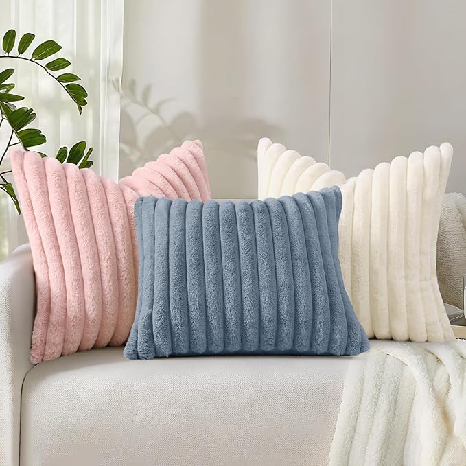 decorUhome Summer Cozy Faux Fur Throw Pillow Covers 26x26 Set of 2 Decorative Soft Plush Striped Modern Farmhouse Boho Couch Euro Sham Pillow Cases with Velvet Back for Sofa Bed Living Room, Pink