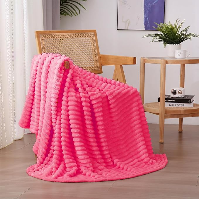 Hot Pink Fleece Throw Blanket 60”×80” for Couch Sofa Bed,Super Soft Cozy Plush Microfiber Flannel Blanket with Stripes Design Lightweight for Adults,Woman,Girls