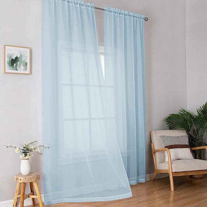 OWENIE Sky Blue Sheer Curtains 90 Inches Long for Bedroom Living Room 2 Panels Set, Light Filtering Voile Light Blue Sheer Curtain, Airy Rod Pocket Farmhouse Curtains, 42Wx90L, Sky Blue