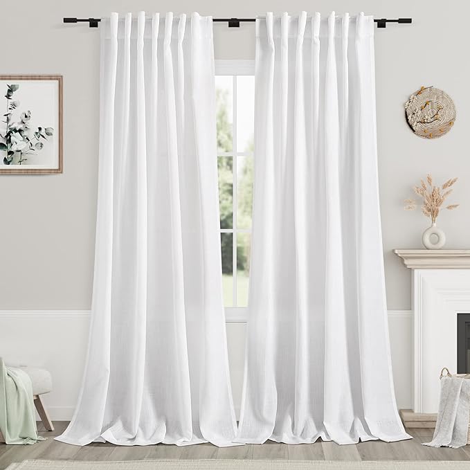 Nanspring White Linen Curtains 109 Inches Long for Living Room Light Filtering Semi Sheer Linen Drapes Ceiling to Floor for Large Window 2 Panels Set Extra Long Back Tab Curtains Farmhouse 52x109