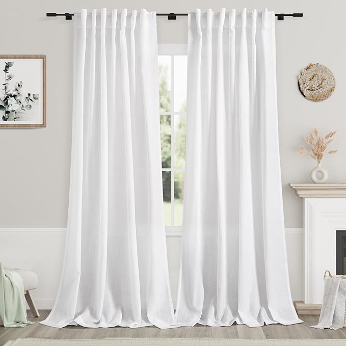 Nanspring White Extra Long Curtains for Dinning Room 117 Inches Long 2 Panels Set Back Tab Rod Pocket Light Filtering Semi Sheer Drapes Linen Textured Window Curtain for Bedroom 52x117