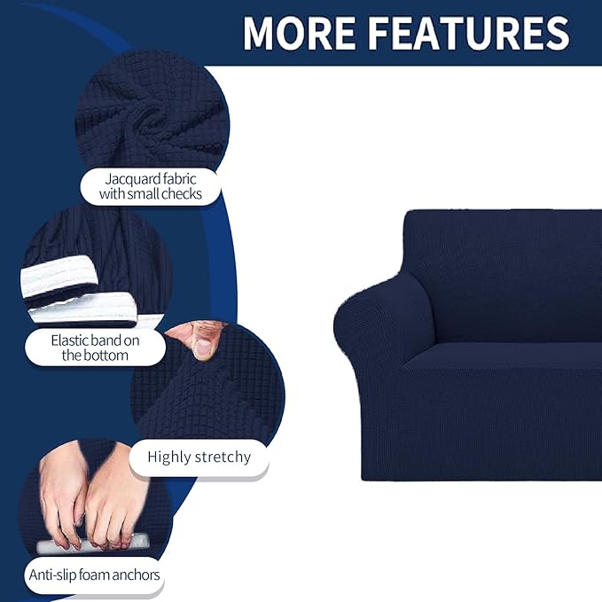 Cupuamon 2026 New Stretch Oversized Sofa Slipcovers Couch Sofa Cover for 4 Seater Furniture Protector Covers with Elastic Bottom Jacquard Fabric Small Checks for Pets, Kids - Navy