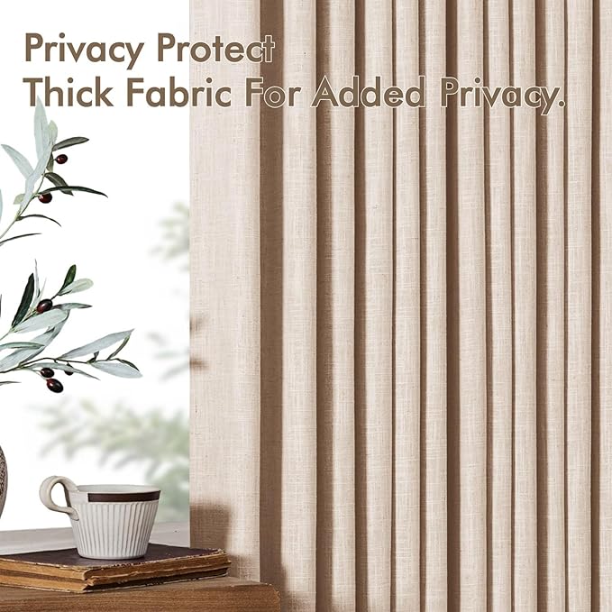 MIULEE Pinch Pleated Thick Linen Curtains 84 Inches Long 2 Panels for Living Room Bedroom, Linen Textured Memory Trained Drapes Pleat Back Tab Light Filtering Sand Beige Window Curtains with Hooks