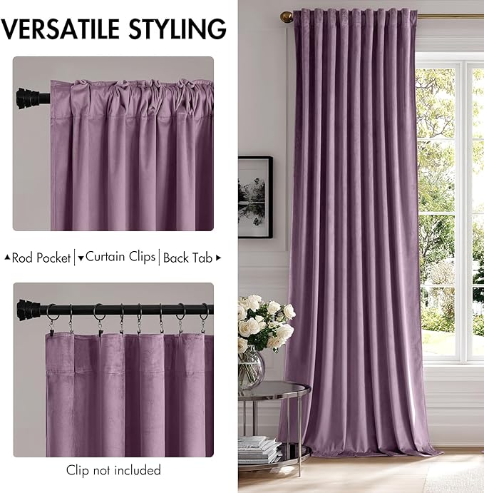 MIULEE Lavender Velvet Curtains 108 inches - Luxury Blackout Curtains for Bedroom Living Room Thermal Insulated Super Soft Window Drapes Rod Pocket & Back Tab, W52 x L108 inches,Purple,2 Panels