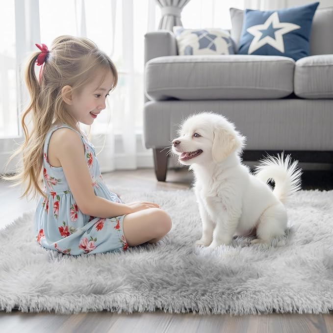 Rugs for Living Room 5x8, Alfombras para Salas Shag Large Plush Soft Area Rug, Shaggy Carpets for Bedroom, Kids Boys Girls Home Decor Aesthetic (Light Grey Tie-Dyed, 5x8 Feet)