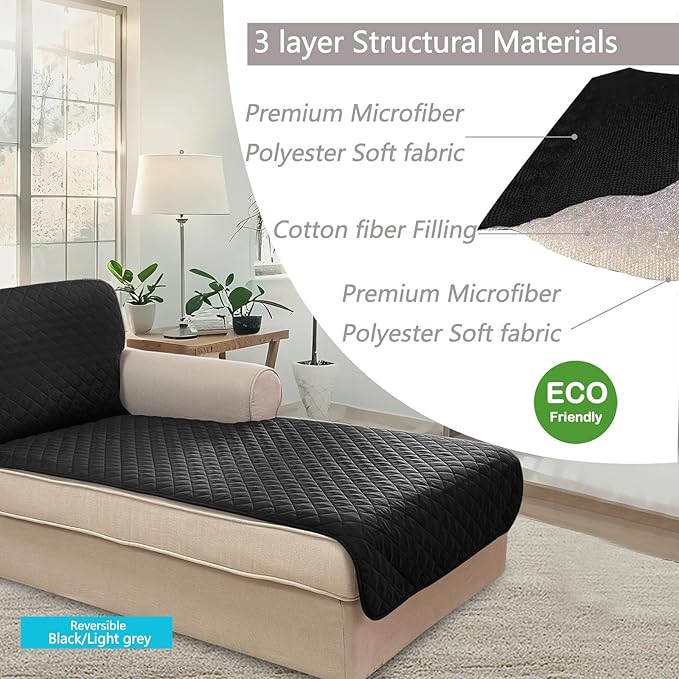 U-NICE HOME Sectional Couch Cover for Dogs Pets Chaise Lounge Reversible Sofa Cover Furniture Protector with Elastic Adjustable Strap, Black/Grey