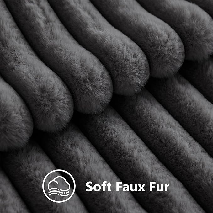 decorUhome Cozy Faux Fur Throw Pillow Covers 12x20 Set of 2 Decorative Soft Plush Striped Lumbar Modern Farmhouse Boho Couch Pillow Cases with Velvet Back for Sofa Bed Living Room, Dark Grey