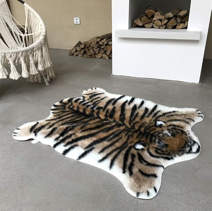 Tiger Print Area Rug Faux Cowhide Skin Hide Animal Printed Rugs Cute Carpet Nonslip Mat Premium Quality Rug and Chair Cover 35.4x43.3inch