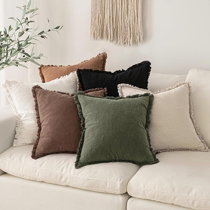 MIULEE Decorative Throw Pillow Covers Neutral Linen Fringe Throw Pillows Euro Shams Set of 2 Black Boho Farmhouse Cushion Covers for Couch Sofa Bed Living Room Spring Home Decor 22x22 Inch