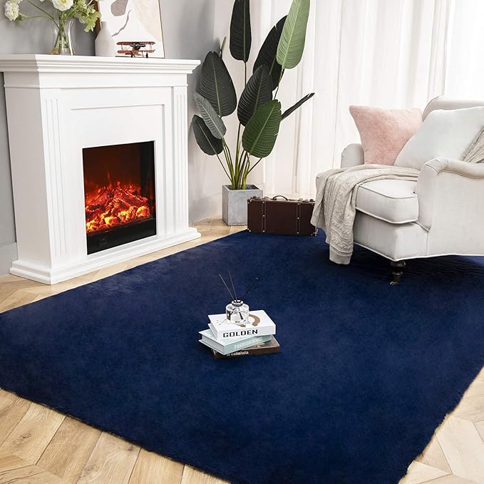 Ashler Faux Fur Rug, Ultra Soft Faux Rabbit Fur, Dark Blue Area Rugs, 6 x 9 Feet Rectangle, Machine Washable Nursery Decor Throw Rugs for Bedroom, Kids Room, Living Room