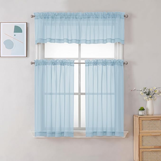 Chyhomenyc Sheer Sky Blue Tier Curtains 24 Inch Length, Small Window Curtains Treatment for Bathroom Living Room Basement, Short Rod Pocket Cafe Curtain, 42W x 24L Inches, 2 Panels
