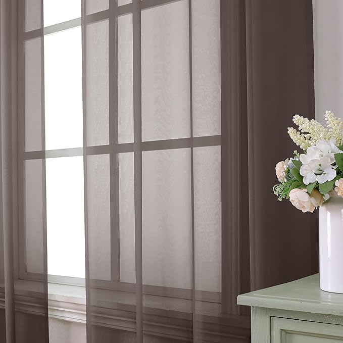 Aiyufeng Chocolate Brown Sheer Curtains 90 Inches Long 2 Panels, Solid Voile Rod Pockets Stylish Breathable Drapes Window Treatment for Kid's Room/Bedroom/Living Room, 42W x 90L, Chocolate Brown