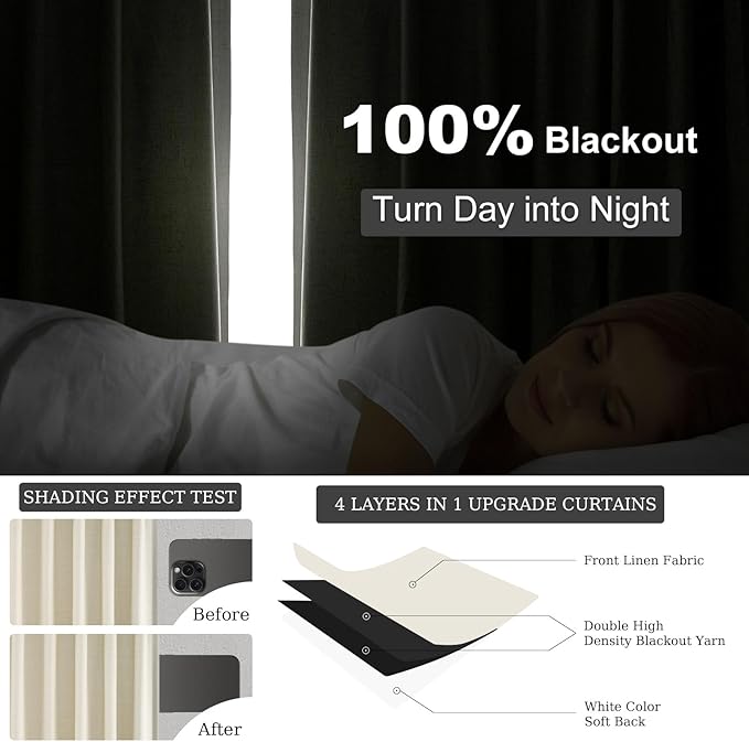 Cream Extra Long 132 Inch 100% Blackout Curtains for Livingroom Neutral Boho Linen Blend Farmhouse Curtain Drapes Sound Proof Drapes Privacy Ceiling Track Villa Bedroom 11Ft(W52 xL132 2 Panels)