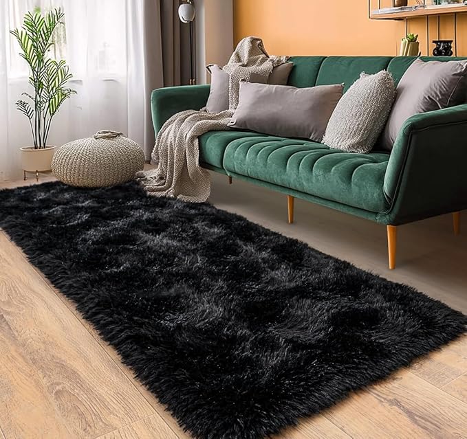 Pionblank Fluffy Runner Rugs for Bedroom 2x6, Modern Shaggy Area Rug for Hallway Living Room, Plush Soft Fuzzy Bedside Carpet for Kids Girls Boys Room Nursery Decor, Black