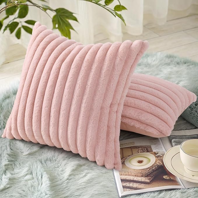 decorUhome Summer Cozy Faux Fur Throw Pillow Covers 26x26 Set of 2 Decorative Soft Plush Striped Modern Farmhouse Boho Couch Euro Sham Pillow Cases with Velvet Back for Sofa Bed Living Room, Pink