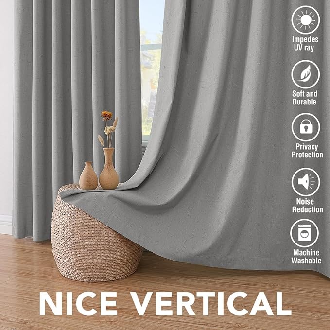 H.VERSAILTEX Linen Curtains 100% Blackout Curtains for Bedroom 90 inch Long Full Light Blocking Nature Linen Blended Window Curtains for Living Room Nickel Grommet (2 Panels, Dove Gray)