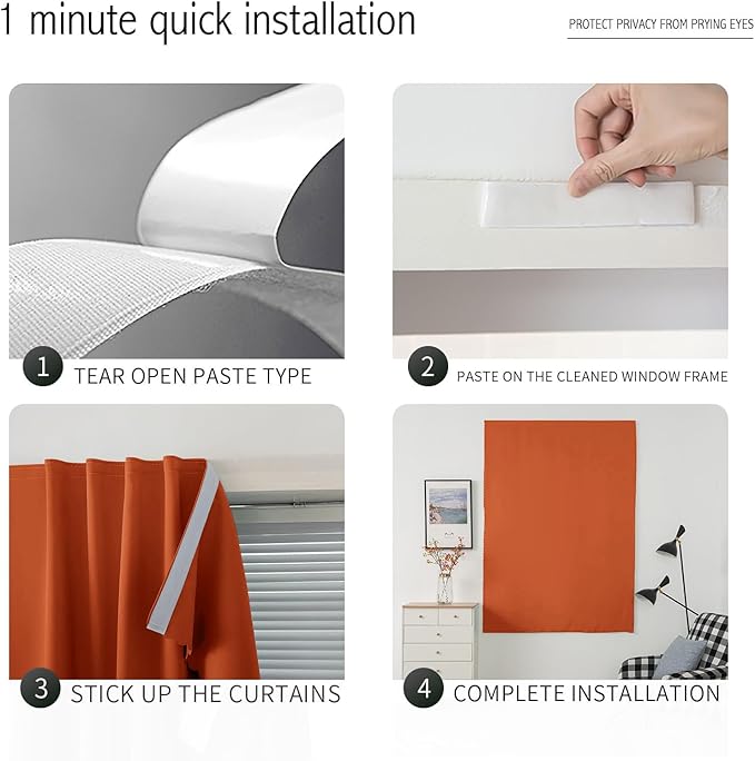 Self Adhesive Curtains Portable Blackout Curtain Simple and Easy to Install Bedroom Window Thermal Lnsulated Kitchen Room Darkening Black Small Drapes, 35" W X 59" L, Orange, 1 Panel