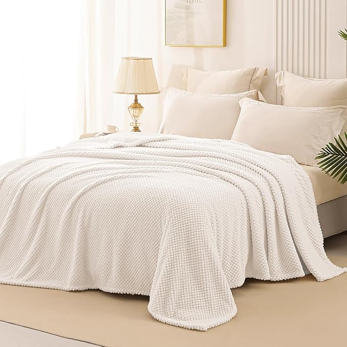 Whale Flotilla Twin Size Fuzzy Fleece Blanket for Bed, 60x80 Inch Fluffy Warm Soft Jacquard Blankets for All Season, Lightweight and Cozy, Ivory