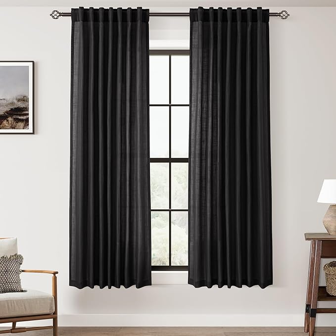Black Linen Curtains 63 inches Long for Bedroom Back Tab Light Filtering Privacy Semi Sheer Black Curtains Living Room Boho Rustic Farmhouse Cotton Textured Gauze Curtain 2 Panel Set