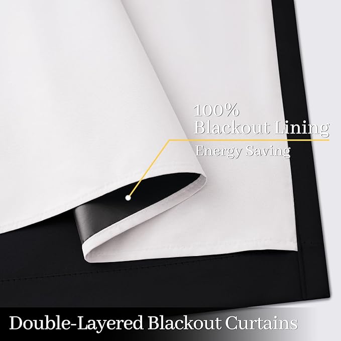 Yakamok 100% Blackout Curtain Panels 72 inches Cold and Light Blocking Drapes for Nursery, 2 Thick Layers Thermal Insulated Draperies (2 Pieces, 50 Wide Each Panel, Black Front with White Backing)