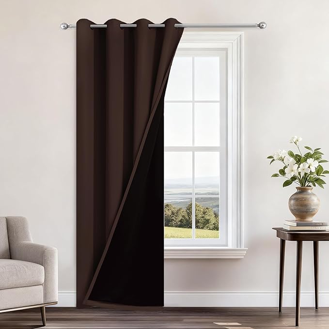Yakamok 100% Blackout Curtains 96 Inches Long, 2 Thick Layers Heat and Full Light Blocking Soft Thermal Insulated Drapes for Bedroom(52" Wide Each Panel, Chocolate Brown, 1 Panel)