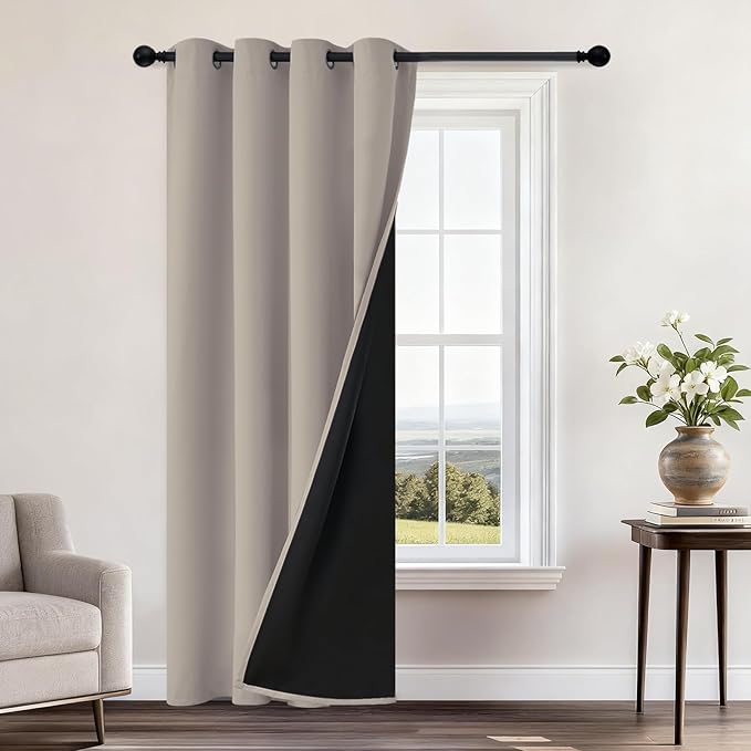 Yakamok 100% Blackout Curtains 84 Inches Long, 2 Thick Layers Heat and Full Light Blocking Soft Thermal Insulated Drapes for Bedroom(52" Wide Each Panel, Natural, 1 Panel)