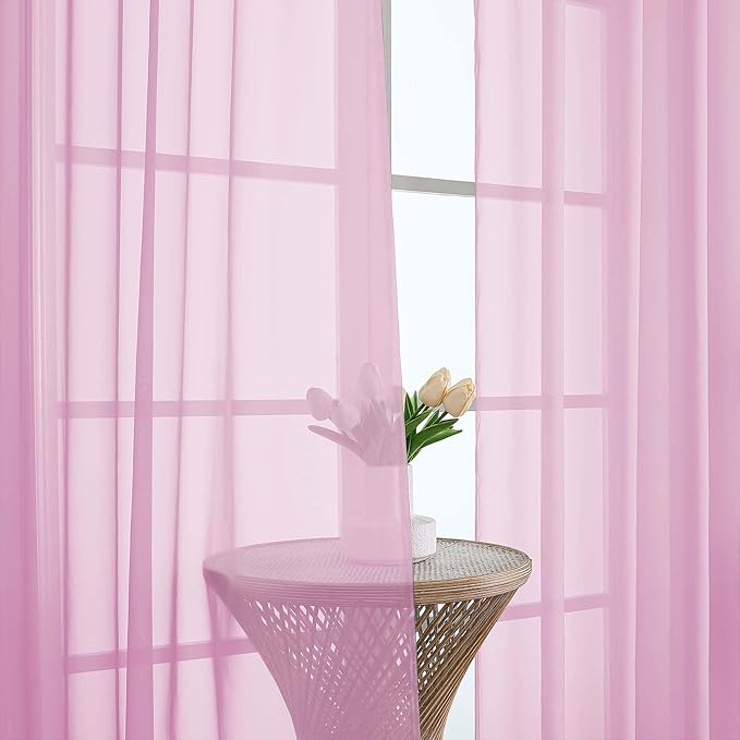 OWENIE Sheer Curtains 84 Inches Long 2 Panels Set, Sheer Pink Curtains for Living Room Bedroom 59 Inch Extra Wide, Modern Voile Filmy Rod Pocket Drapes, 2 Pcs, Each 59 W x 84L, Pink