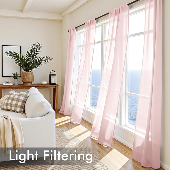 MIULEE Blush Pink Sheer Curtains 108 Inches Long, 4 Panels Set, Light Filtering Rod Pocket Voile Drapes for Living Room and Bedroom, Airy Soft Fabric Window Treatments, 42 x 108 Inches