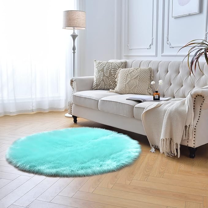 duduta Turquoise Blue Faux Sheepskin Round Rug 4x4 ft, Fluffy Shag Fur Bedroom Nursery Kids Playroom Rug Dorm Decor Non Slip Washable